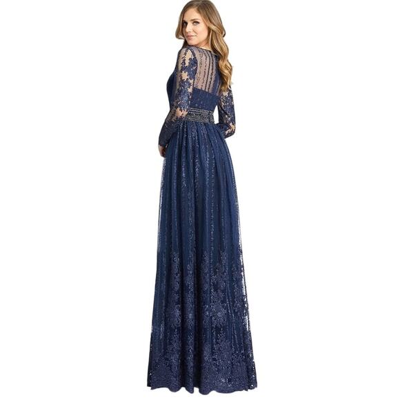 Mac Duggal 66591 Navy Blue 2 Long Sleeve Formal Embroidered Maxi Gown Dress - Picture 10 of 15